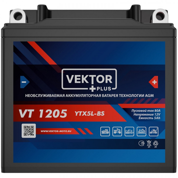 АКБ VEKTOR VT 1205 EB5-3 YTX5L-BS, YTX5L (113 x 70 x 105) 5Ач (CT1205)