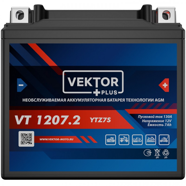 АКБ VEKTOR VT 1207.2 EBZ7-3 YTZ6V, YTZ7S (113 x 70 x 105) 6Ач (CT1207.2)